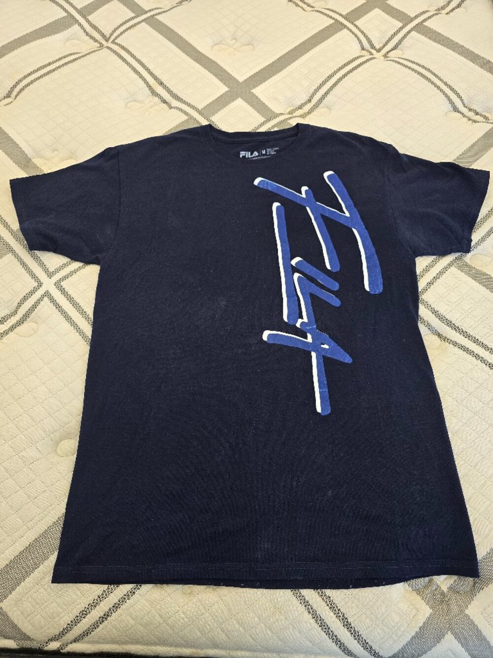 Fila Men's Navy Short-Sleeve Tee with Blue Script Logo - Size Medium